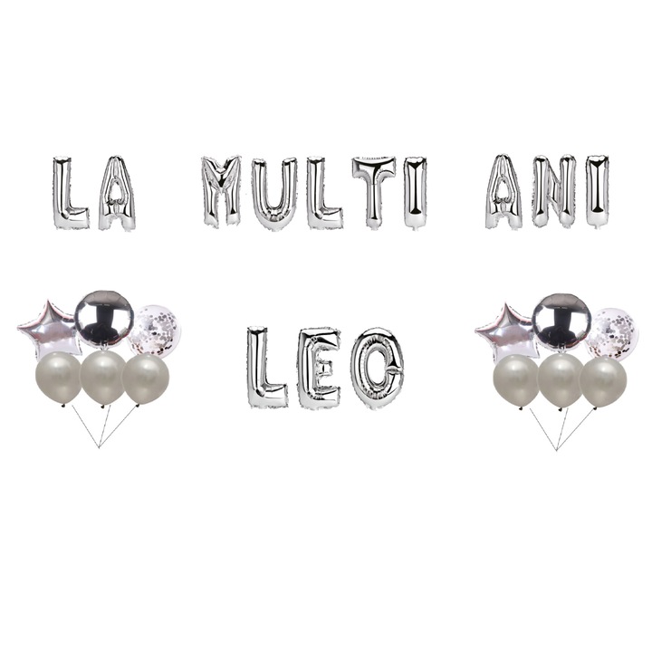 Boldog születésnapot Leo lufi szett, tortafeltét, ezüst, 35 db