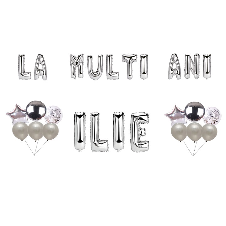 OEM Boldog születésnapot, Illés lufi szett, tortafeltét, ezüst, 35 db