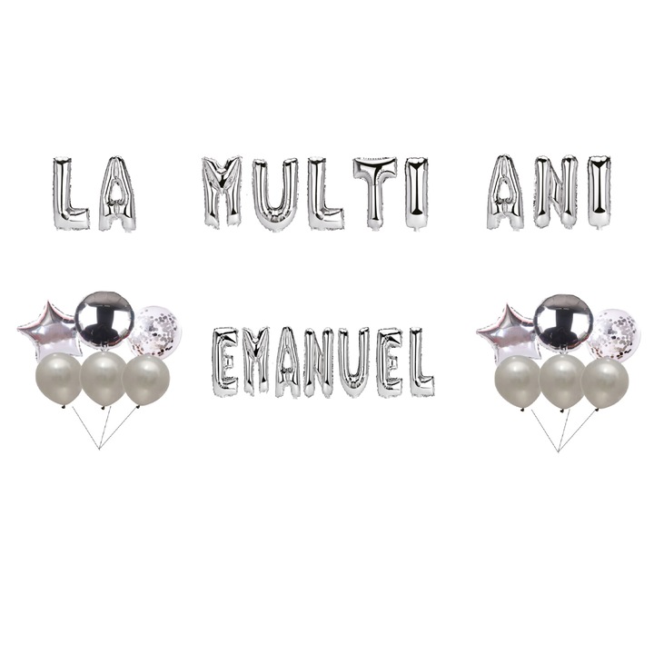 Emanuel Boldog születésnapot lufi szett, tortafeltét, ezüst, 35 db