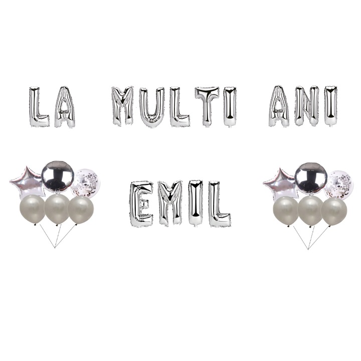 Boldog születésnapot Emil lufi szett, tortafeltét, ezüst, 35 db