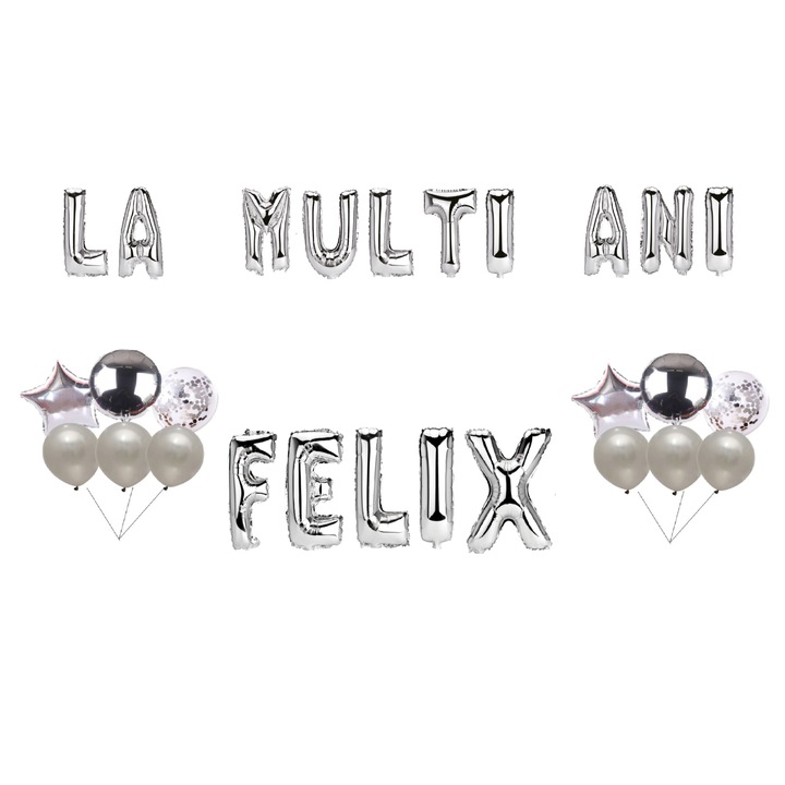 Boldog születésnapot Felix lufi szett, tortafeltét, ezüst, 35 db