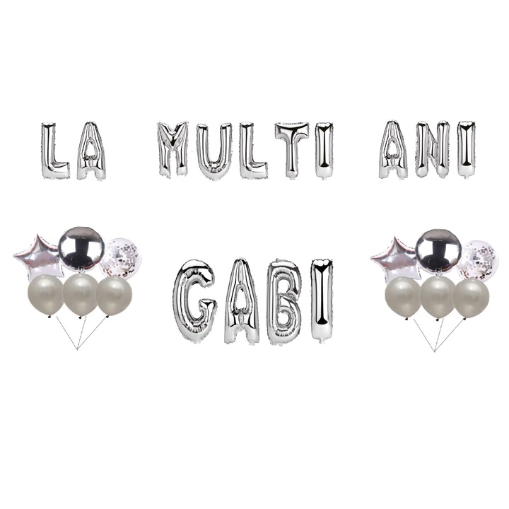 Boldog születésnapot Gabi lufi szett, tortafeltét, ezüst, 35db