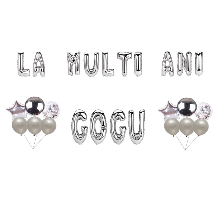 Gogu Boldog születésnapot lufi szett, tortafeltét, ezüst, 35 db