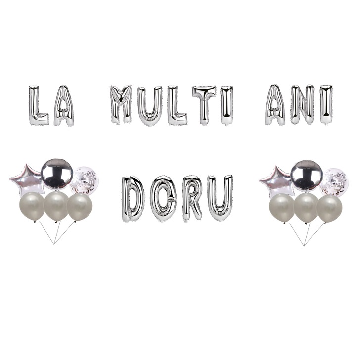 Doru Boldog születésnapot lufi szett, tortafeltét, ezüst, 35 db