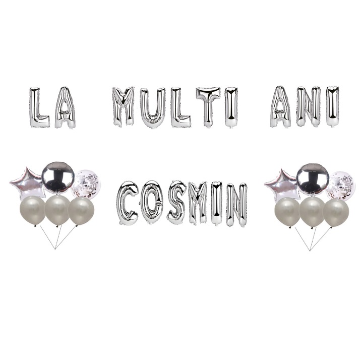 Cosmin Boldog születésnapot lufi szett, tortafeltét, ezüst, 35 db