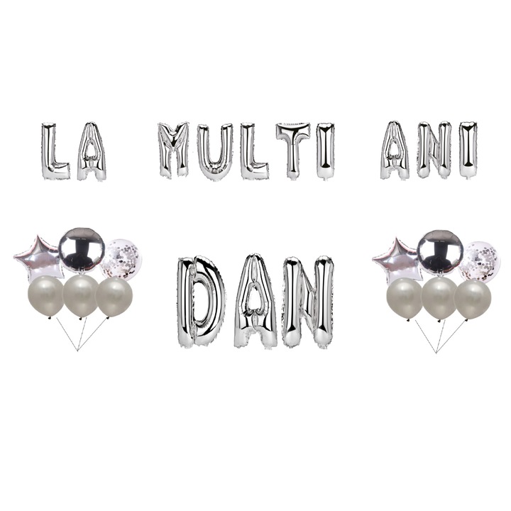 Boldog születésnapot lufi szett Dan, tortafeltét, ezüst, 35 db