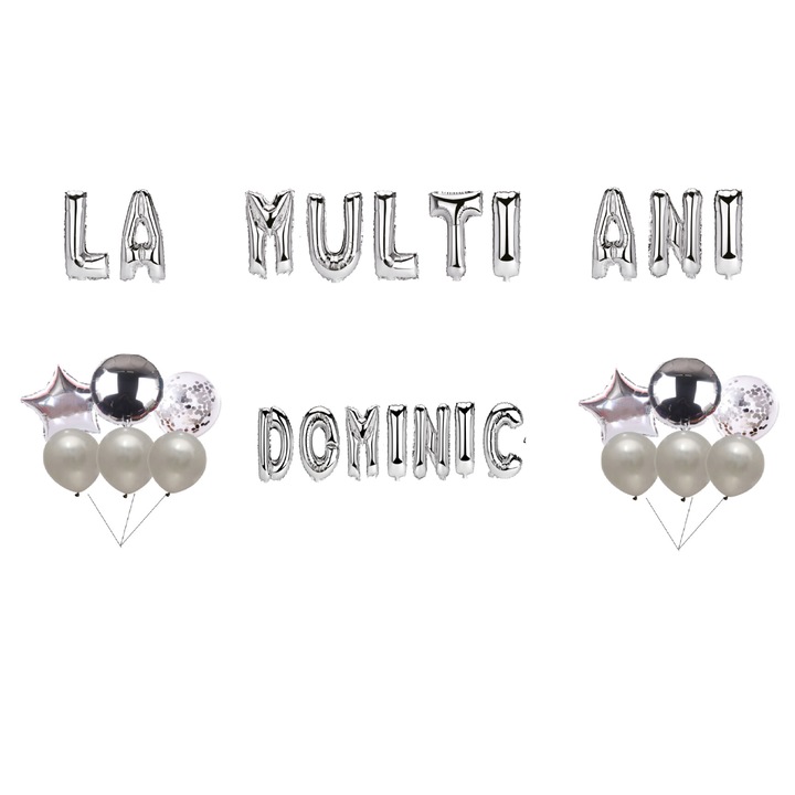 Boldog születésnapot Dominic lufi szett, tortafeltét, ezüst, 35 db