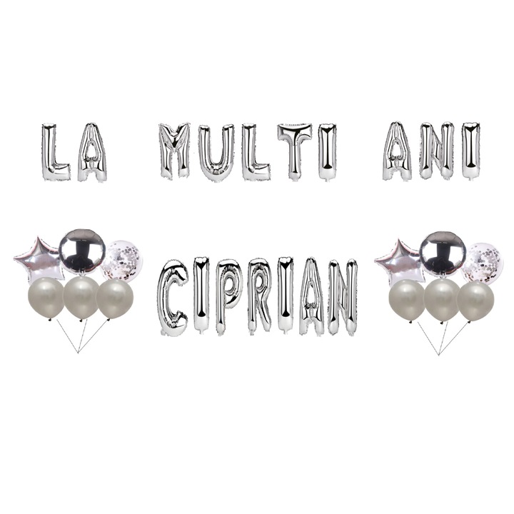 Ciprian Boldog születésnapot lufi szett, tortafeltét, ezüst, 35 db