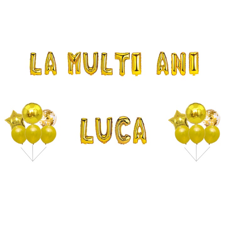 Boldog születésnapot Luca lufi szett, tortafeltét, arany, 35db