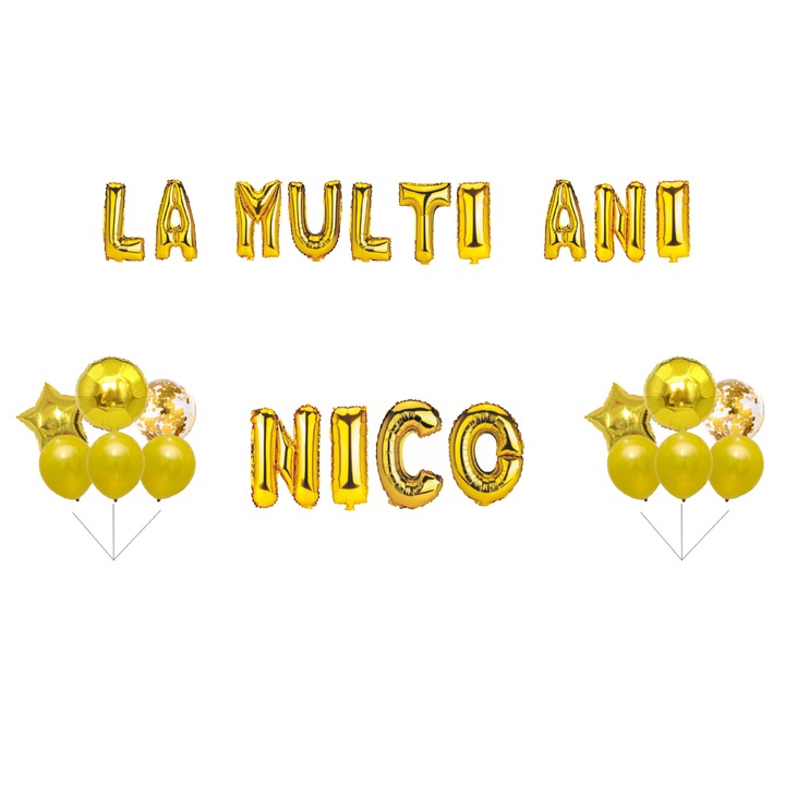 Boldog születésnapot Nico lufi szett, tortafeltét, arany, 35 db