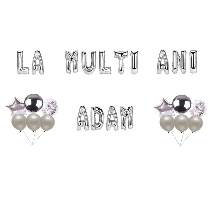 Boldog születésnapot Adam lufi szett, tortafeltét, ezüst, 35 db
