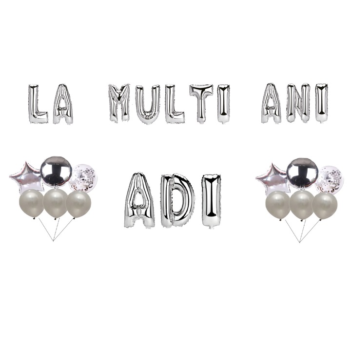 Boldog születésnapot Adi lufi szett, tortafeltét, ezüst, 35 db