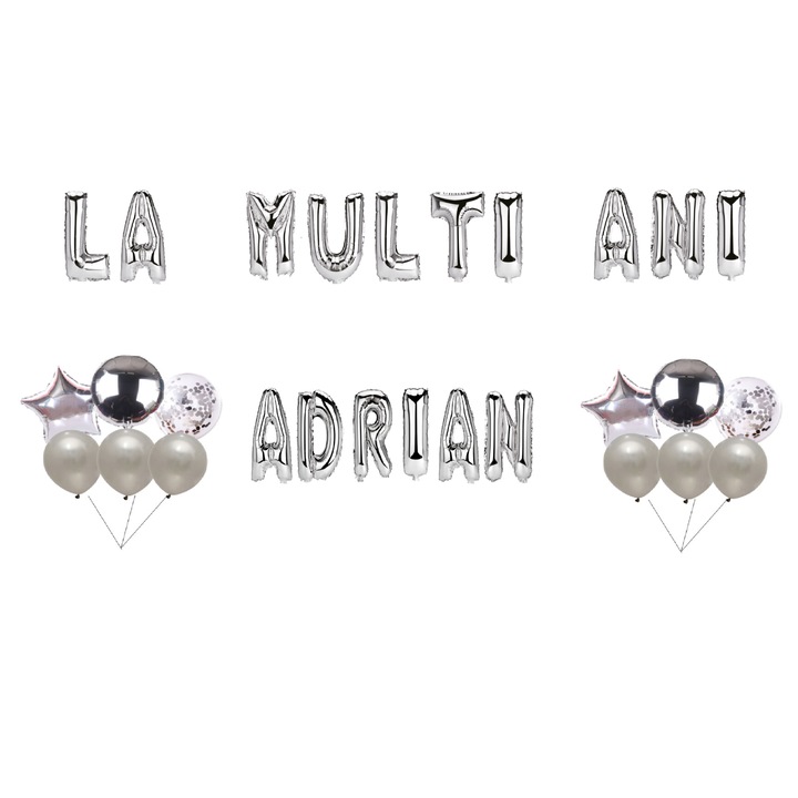 Boldog születésnapot Adrian lufi szett, tortafeltét, ezüst, 35 db