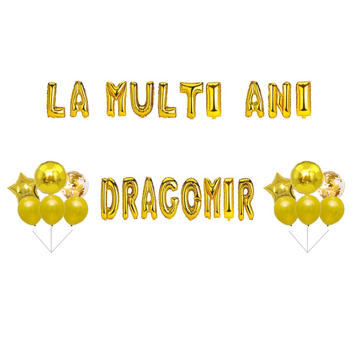 Boldog születésnapot Dragomir lufi szett, tortafeltét, arany, 35 db