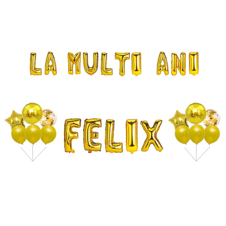 Boldog születésnapot Felix lufi szett, tortafeltét, arany, 35 db