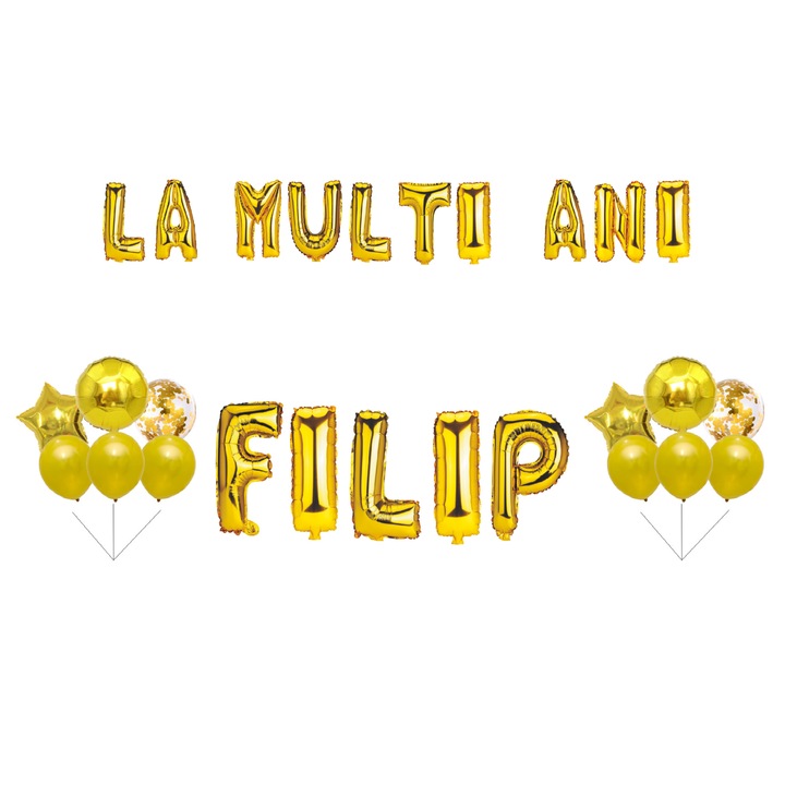 Комплект Happy Birthday Filip Balloons, Cake topper, Gold, 35Pcs