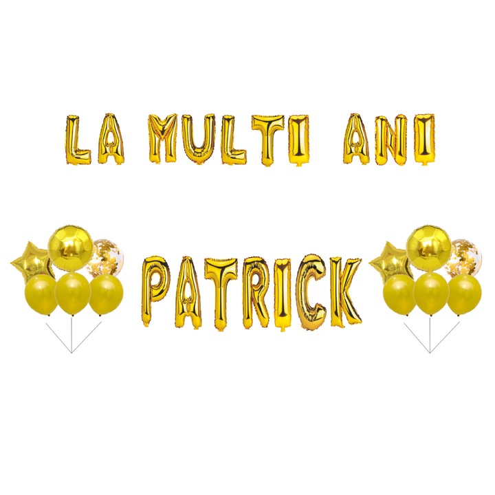 Boldog születésnapot Patrick lufi szett, tortafeltét, arany, 35 db