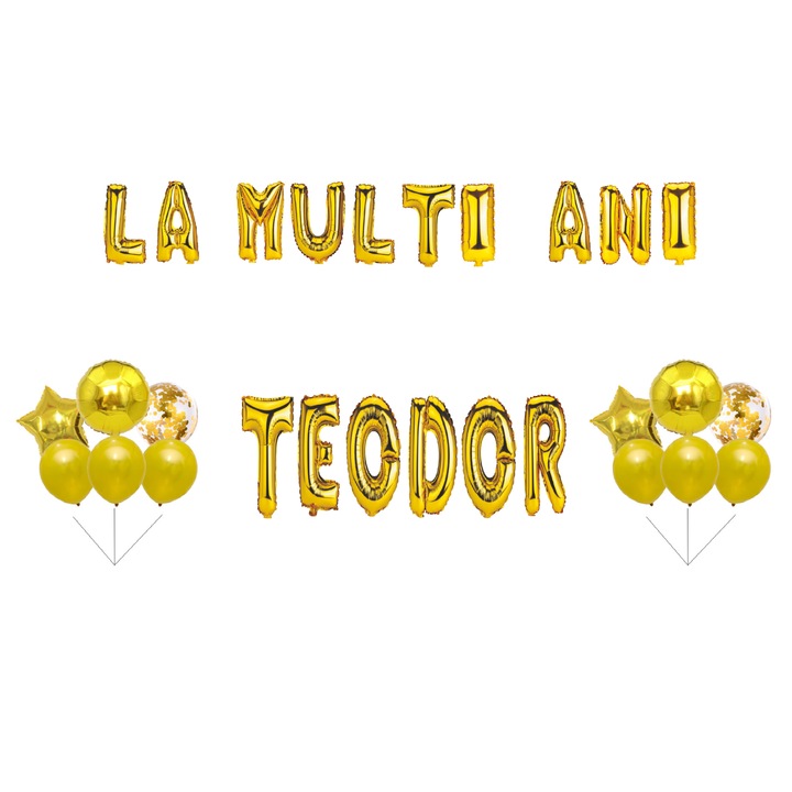 Teodor Boldog születésnapot lufi szett, tortafeltét, arany, 35db