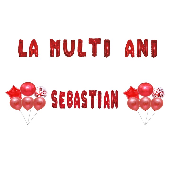 Boldog születésnapot Sebastian lufi szett, tortafeltét, piros, 35 db