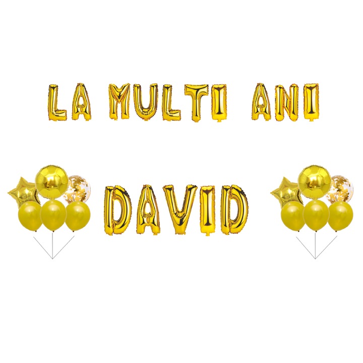 Lufi készlet, "Boldog születésnapot David" román nyelvű felirattal, tortafeltét, arany, 35 db