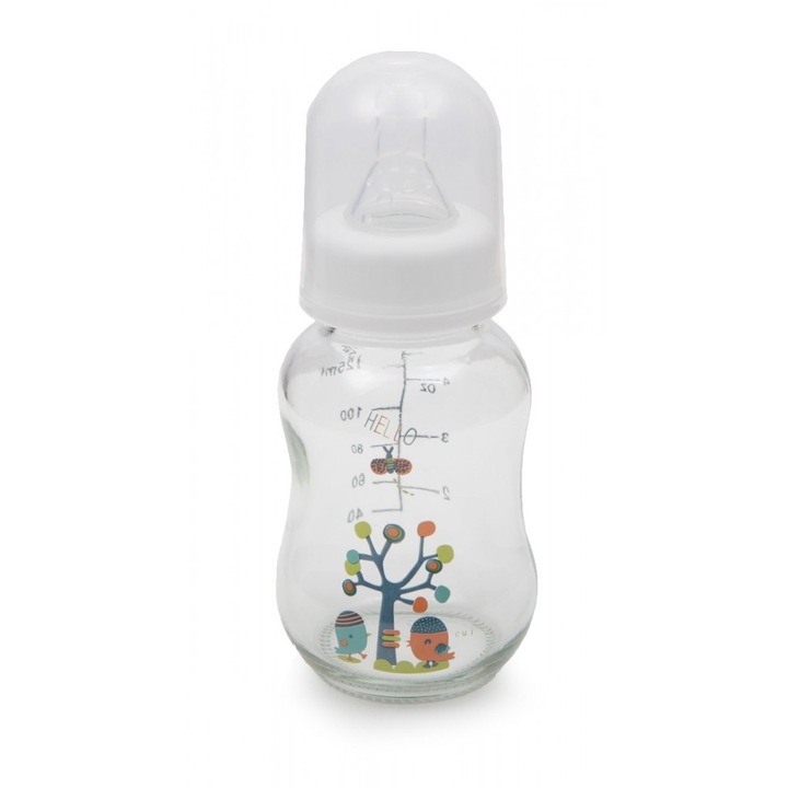 Biberon din sticla cu capac Cangaroo™ Hello, 0 luni+, 120 ml, 4 masuri, sistem anti colici, tetina lapte, Alb