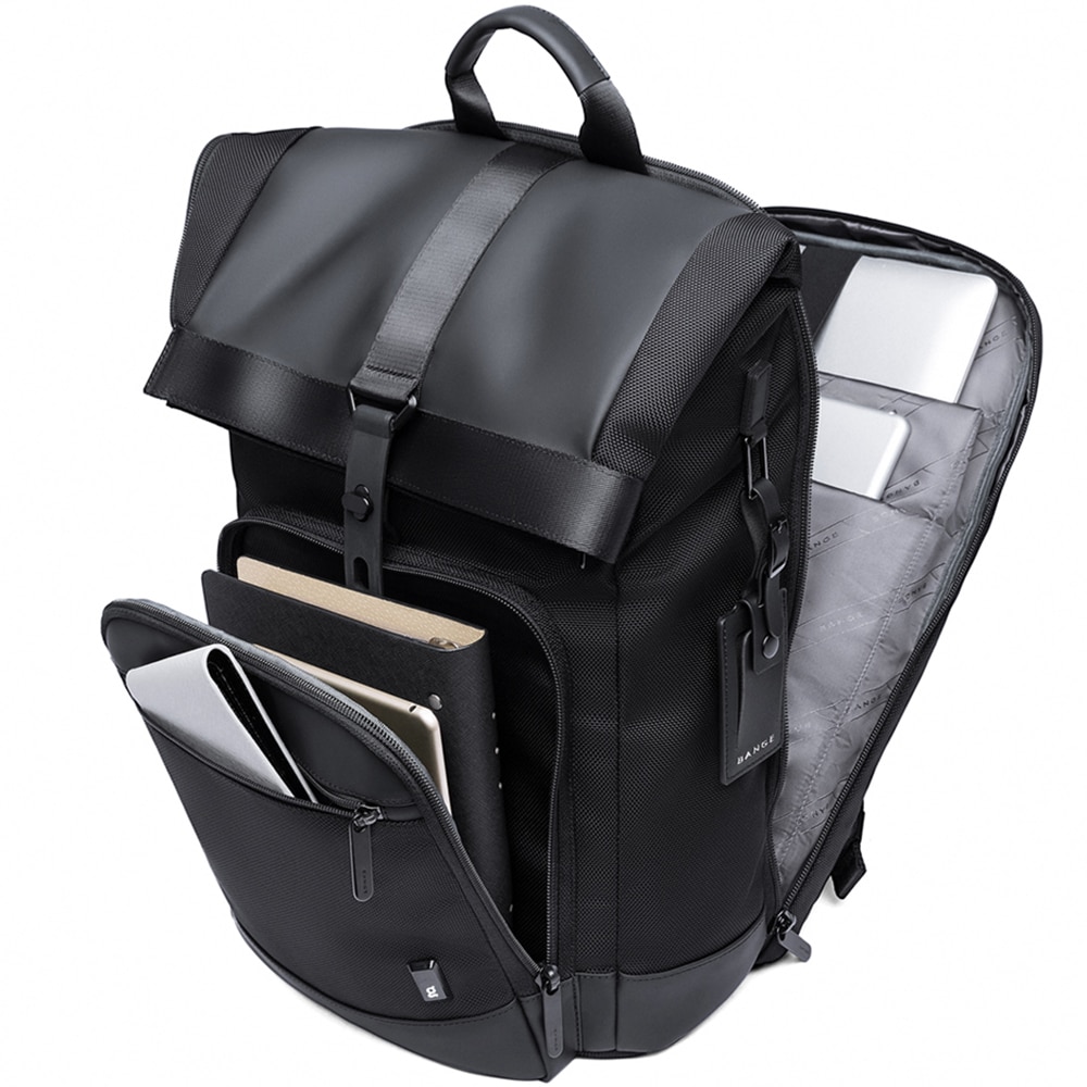 Rucsac laptop 15.6 inch, pentru calatorii, rezistent la stropi de apa, sistem fixare pe valiza, BANGE, BG-G66BK, Negru