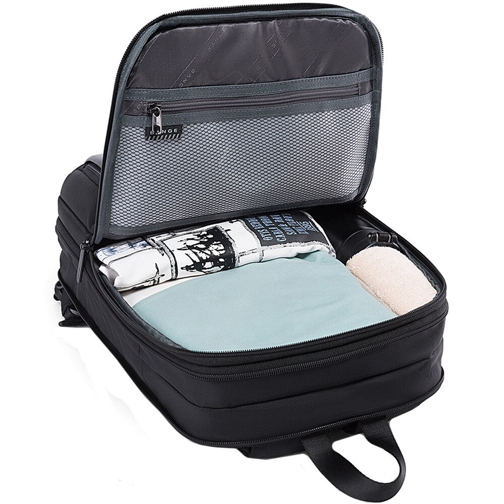 Rucsac laptop 17 inch, extensibil, buzunar antifurt, sistem fixare pe valiza, rezistent la stropi de apa, model ingust, design minimalist, BANGE, BG77115D, Negru