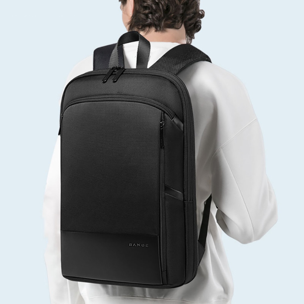 Rucsac laptop 17 inch, extensibil, buzunar antifurt, sistem fixare pe valiza, rezistent la stropi de apa, model ingust, design minimalist, BANGE, BG77115D, Negru