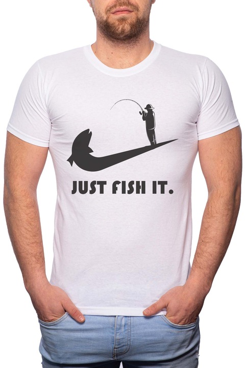 Just fish it, Normál fazonú feliratos férfi poló, 100% Pamut, 487, Fehér