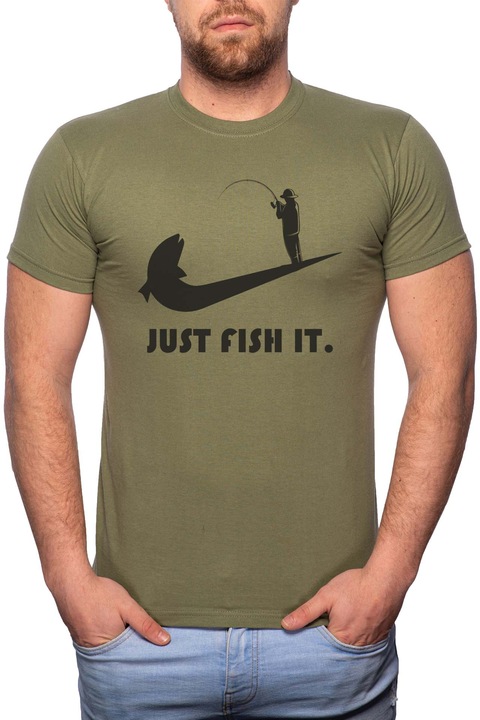 Just fish it, Normál fazonú feliratos férfi poló, 100% Pamut, 487, Khaki