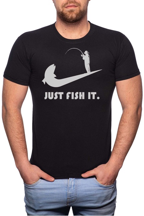 Just fish it, Normál fazonú feliratos férfi poló, 100% Pamut, 487, Fekete