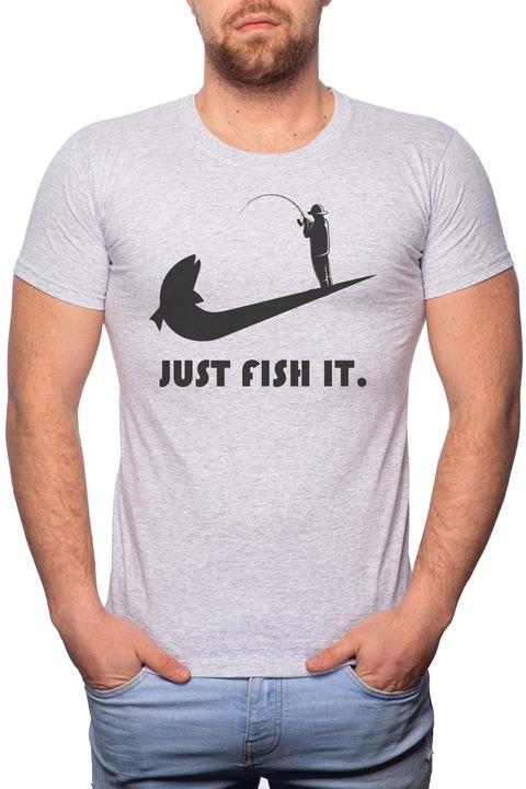 Just fish it, Normál fazonú feliratos férfi poló, 100% Pamut, 487, Szürke