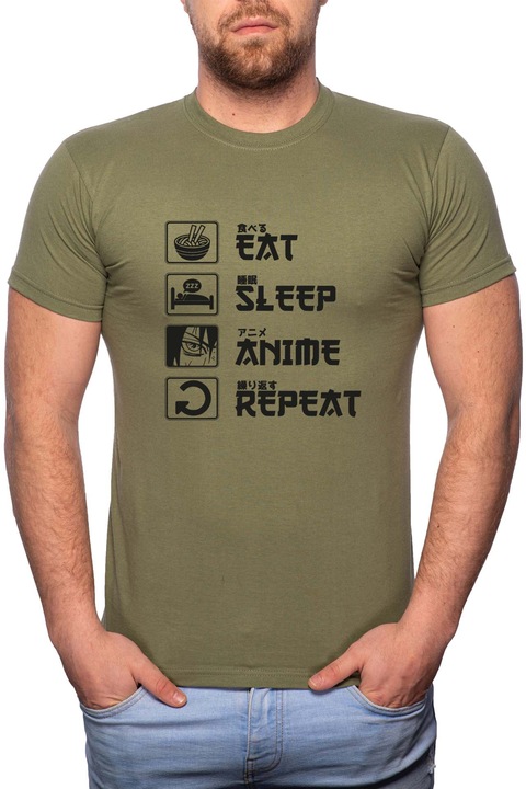 Anime, Normál fazonú feliratos férfi poló, 100% Pamut, 489, Khaki
