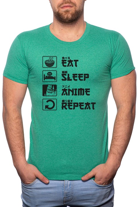 Anime, Normál fazonú feliratos férfi poló, 100% Pamut, 489, Zöld