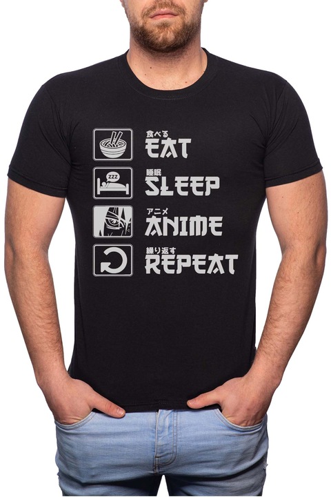 Anime, Normál fazonú feliratos férfi poló, 100% Pamut, 489, Fekete