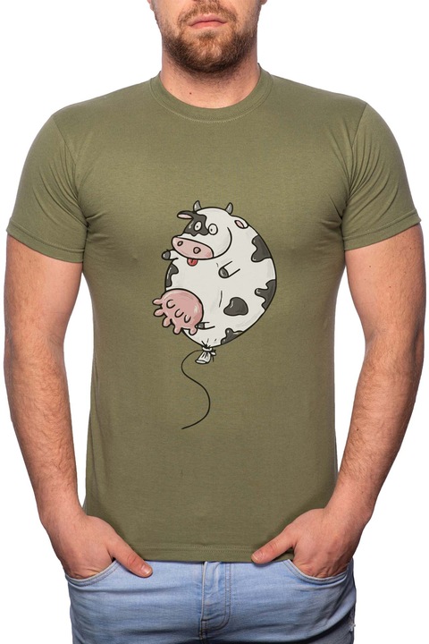 Cow Balloon, Normál fazonú feliratos férfi poló, 100% Pamut, 493, Khaki