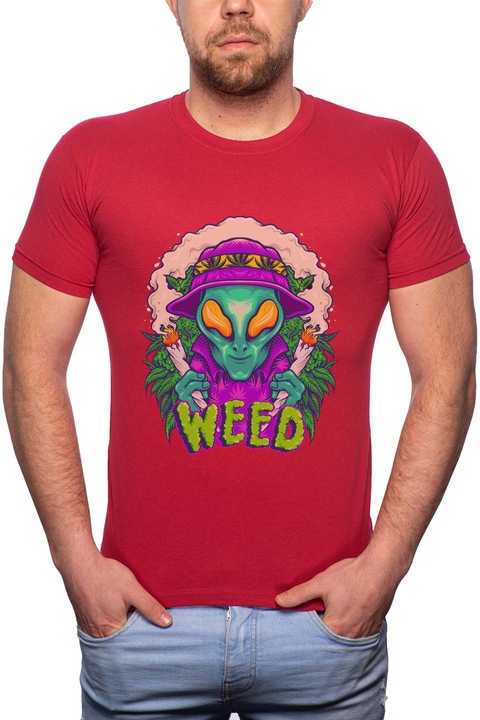 Weed Alien, Normál fazonú feliratos férfi poló, 100% Pamut, 492, Piros