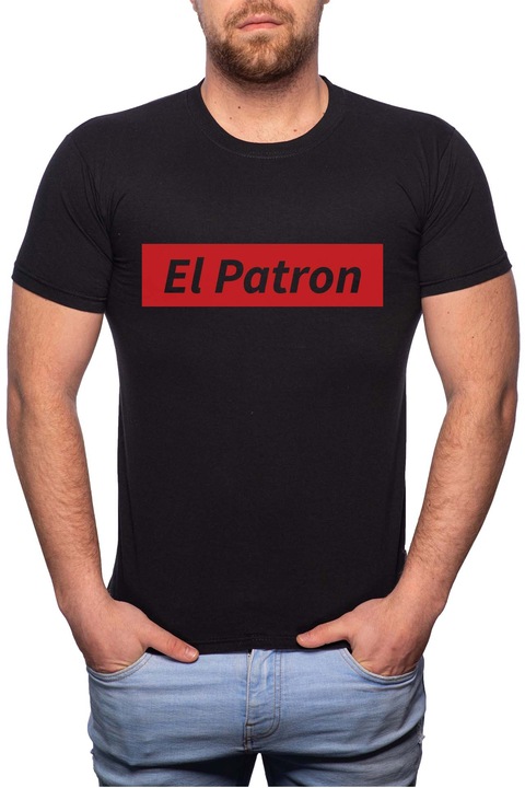 El Patron, Normál fazonú feliratos férfi poló, 100% Pamut, 500, Fekete