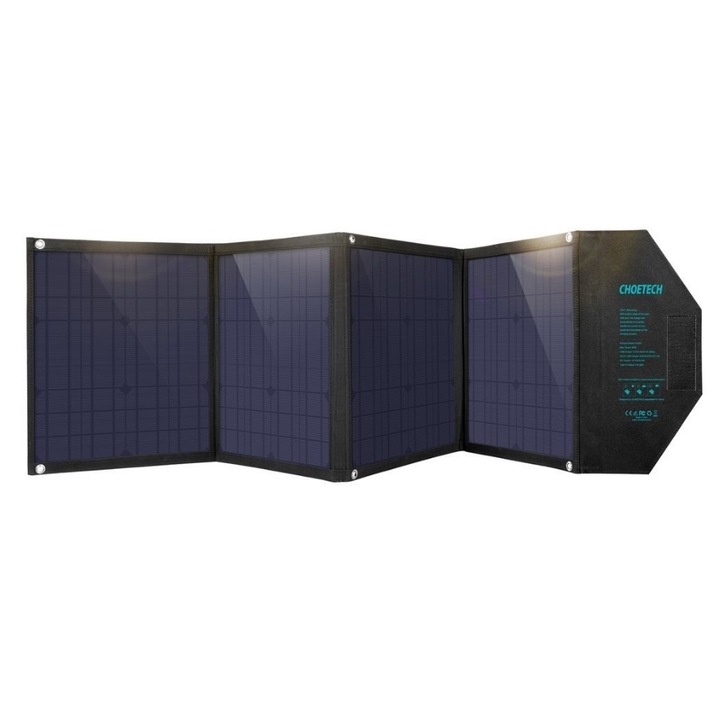 Panou solar fotovoltaic pliabil Choetech SC007 80W, USB tip C Power Delivery / 2x USB Quick Charge / 2.4A, DC si conectori, Negru