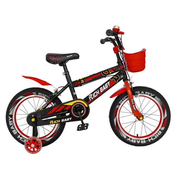 Bicicleta MTB pentru copii cu roti ajutatoare, frane C-brake, cos plastic, negru/rosu, Rich Baby Sport Bike cu roti de 14 inch pentru varsta 3/5 ani