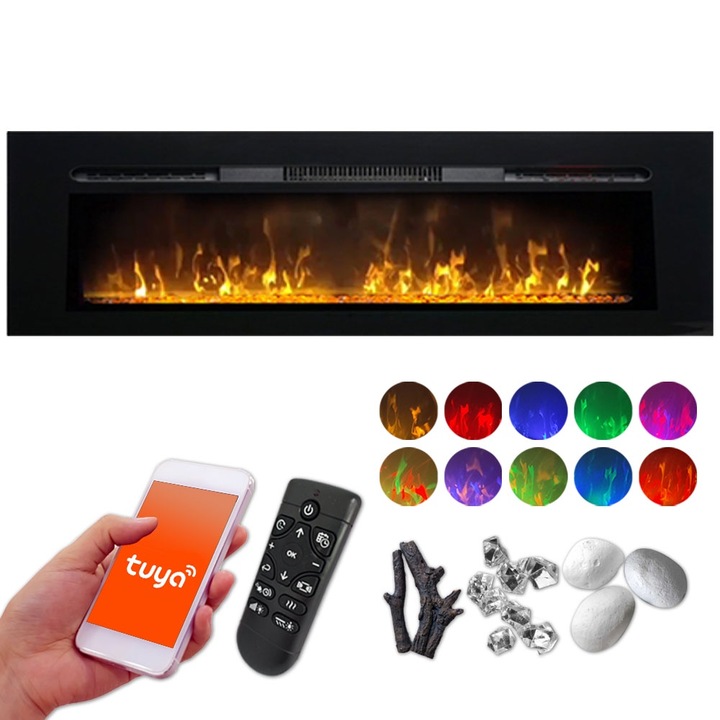 Eлектрическа камина за стена ElectricSun, PAULA, черен, стъкло, със звук, за стена, cвободно стоящ или за вграждане, L183xH45x16см, с 10 цвята пламък, WiFi с мобилно приложение Tuya