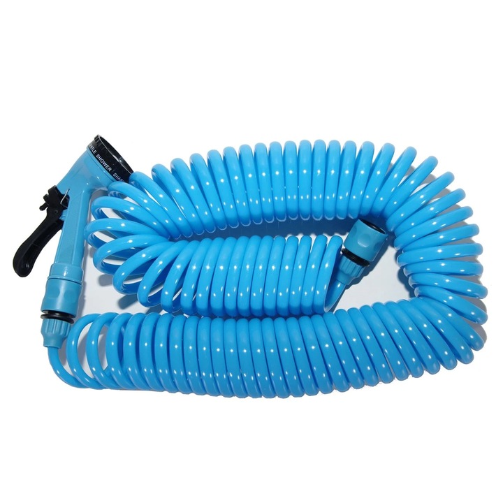 Furtun extensibil Tiessa, 15m, 4 functii, duza ajustabila, spiralat, pentru gradina, albastru