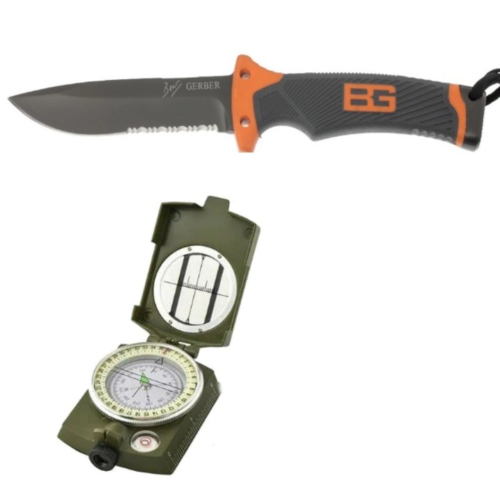 Set drumetie format din cutit profesional de supravietuire cu teaca, amnar si busola militara profesionala din aluminiu