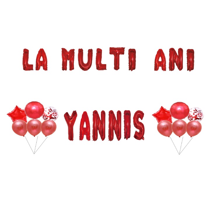Комплект Happy Birthday Yannis Balloons, Cake topper, Червен, 35 бр