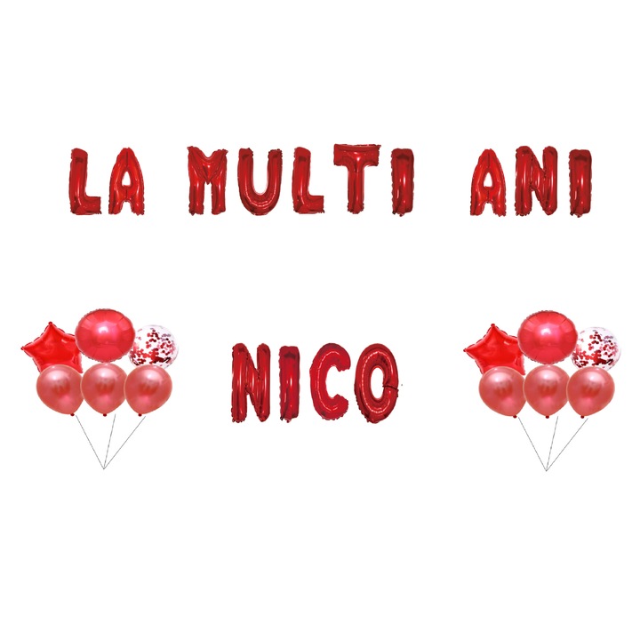 Boldog születésnapot Nico lufi szett, tortafeltét, piros, 35 db