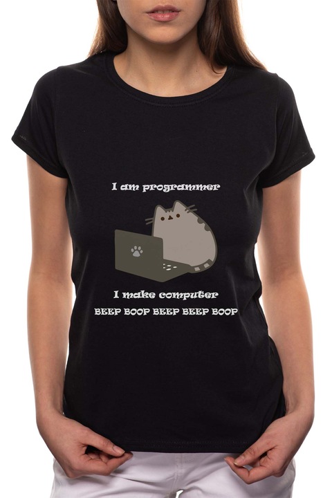 Programmer Cat, Kerek nyakú női póló, 100% Pamut, 449, Fekete