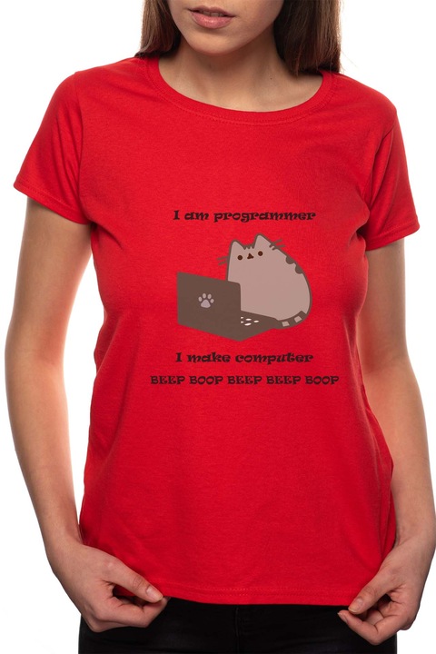 Programmer Cat, Kerek nyakú női póló, 100% Pamut, 449, Piros