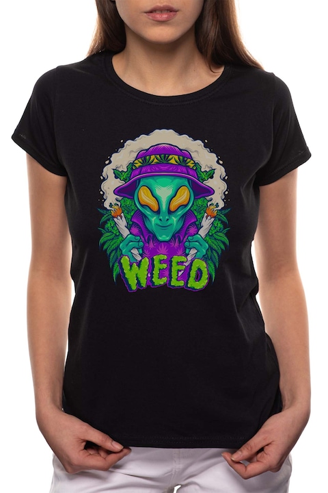 Weed Alien, Kerek nyakú női póló, 100% Pamut, 492, Fekete
