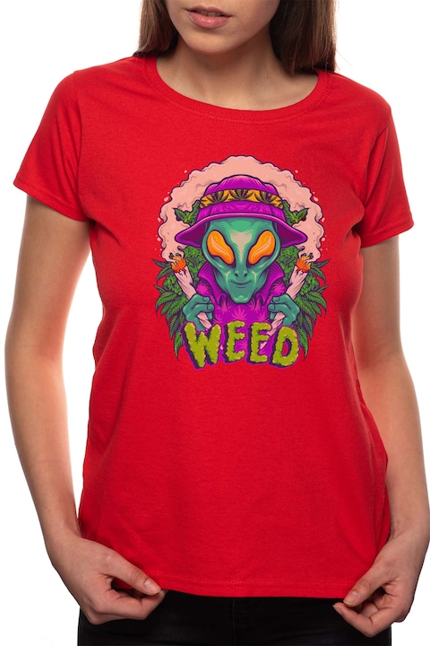 Weed Alien, Kerek nyakú női póló, 100% Pamut, 492, Piros