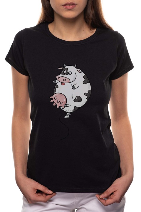 Cow Balloon, Kerek nyakú női póló, 100% Pamut, 493, Fekete